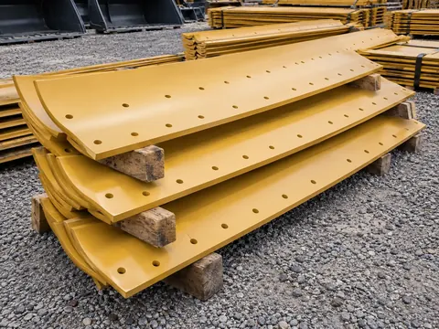 New yellow grader cutting edges stacked on wood blocks in a supply yard