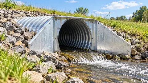 A galvanized flared end section on a culvert outlet, water running over rock