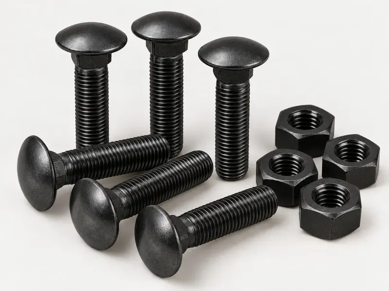 Black plow bolts and hex nuts