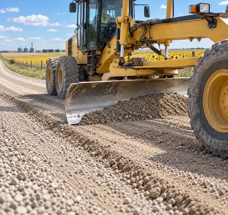 A motor grader spreading fresh gravel on a county road, sunflower fields and grain bins behind
