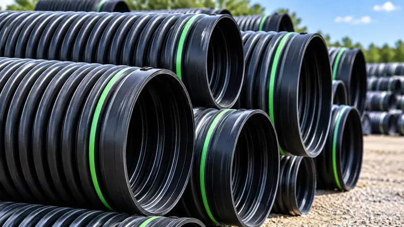 Ends of black dual-wall HDPE pipe with green stripes