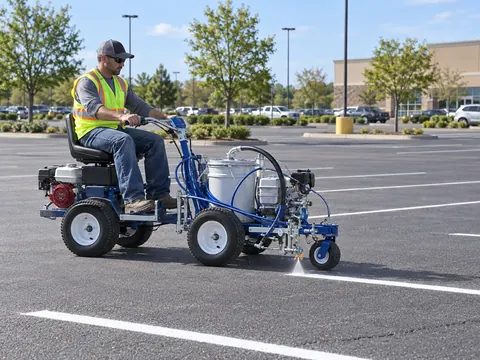 A worker on a ride-on striping machine painting white lines in a parking lot