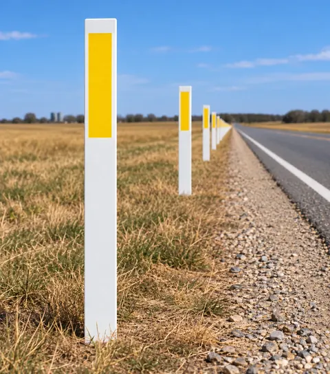 White delineator posts with yellow reflective bands along a highway shoulder