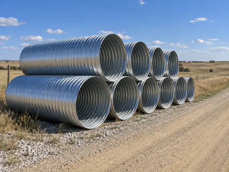 Corrugated steel culvert pipe stacked beside a gravel road in open country