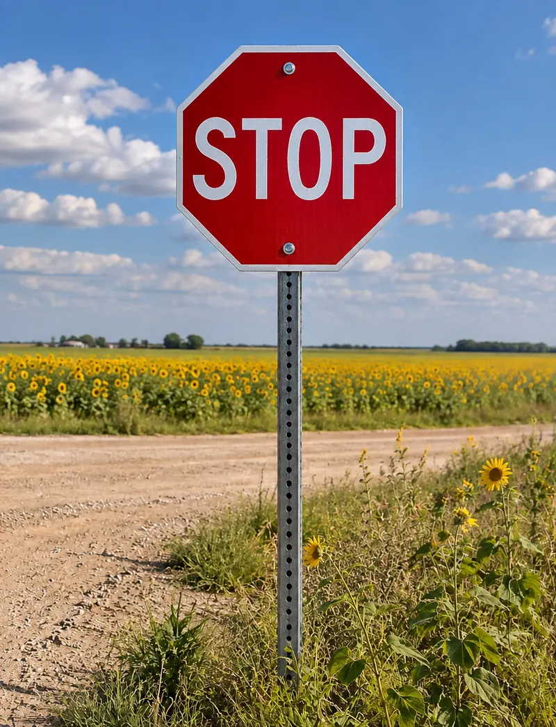 A stop sign on a steel post at a gravel road, sunflowers behind